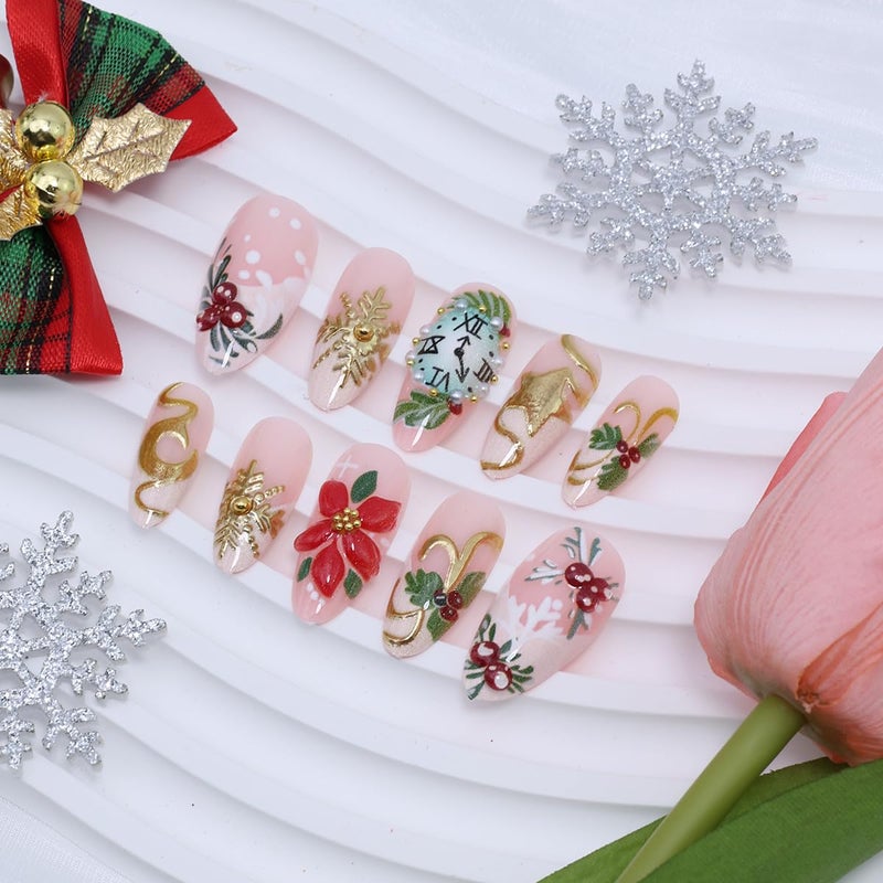 KRTBKR 24Pcs Christmas Press on Nails Medium Almond French Tip Fake Nails Clock with 3D Gold Bead Rhinestones Design Gold Snowflakes Glue on Nails Moon Star False Nails for Women Acrylic New Year Holiday DIY - Image 3